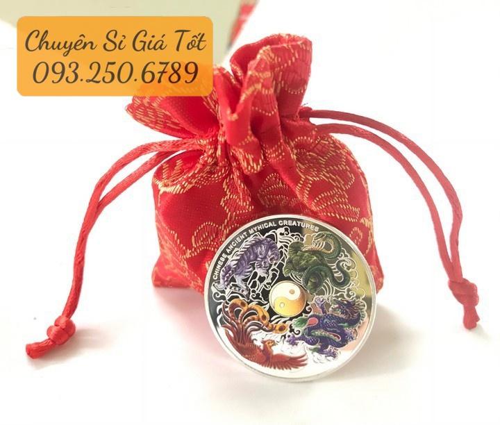 Đồng Xu Hình Tứ Linh Phong Thủy May Mắn Bình An - Long Lân Quy Phụng, kèm Túi Gấm Đỏ - PASA COLLECTION