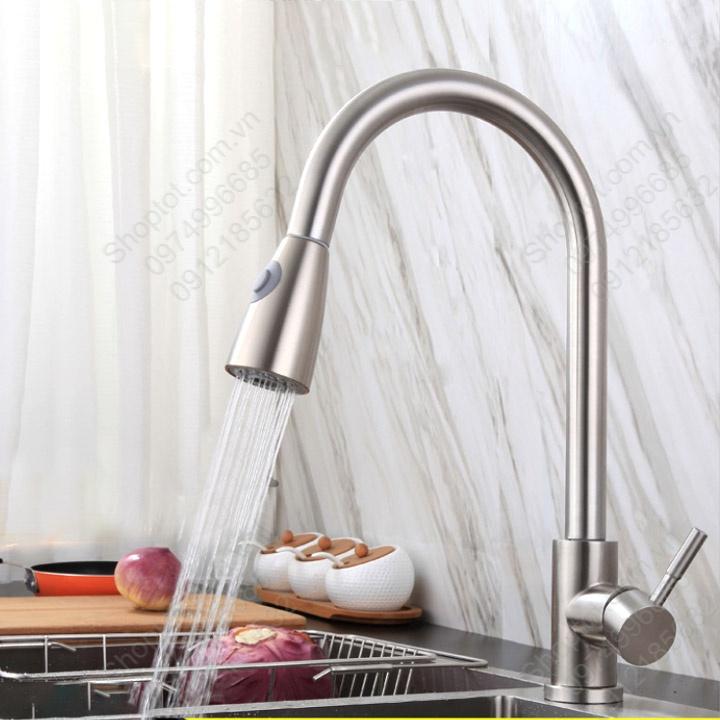 Vòi chậu bếp nóng lạnh có thể kéo dài, bằng inox 304 dày, đầu vòi 2 chế độ