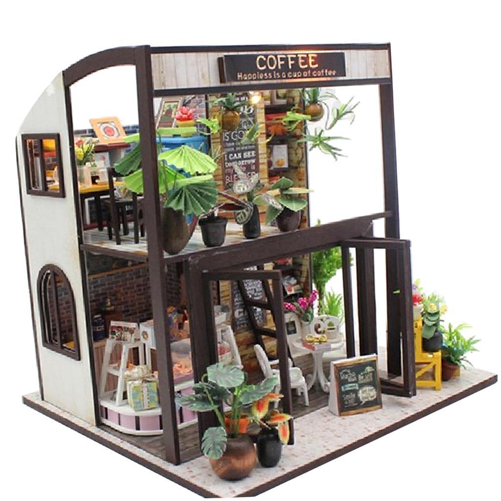 Dollhouse Miniature DIY Kit Toy with Furniture Handcraft Coffee House Gift
