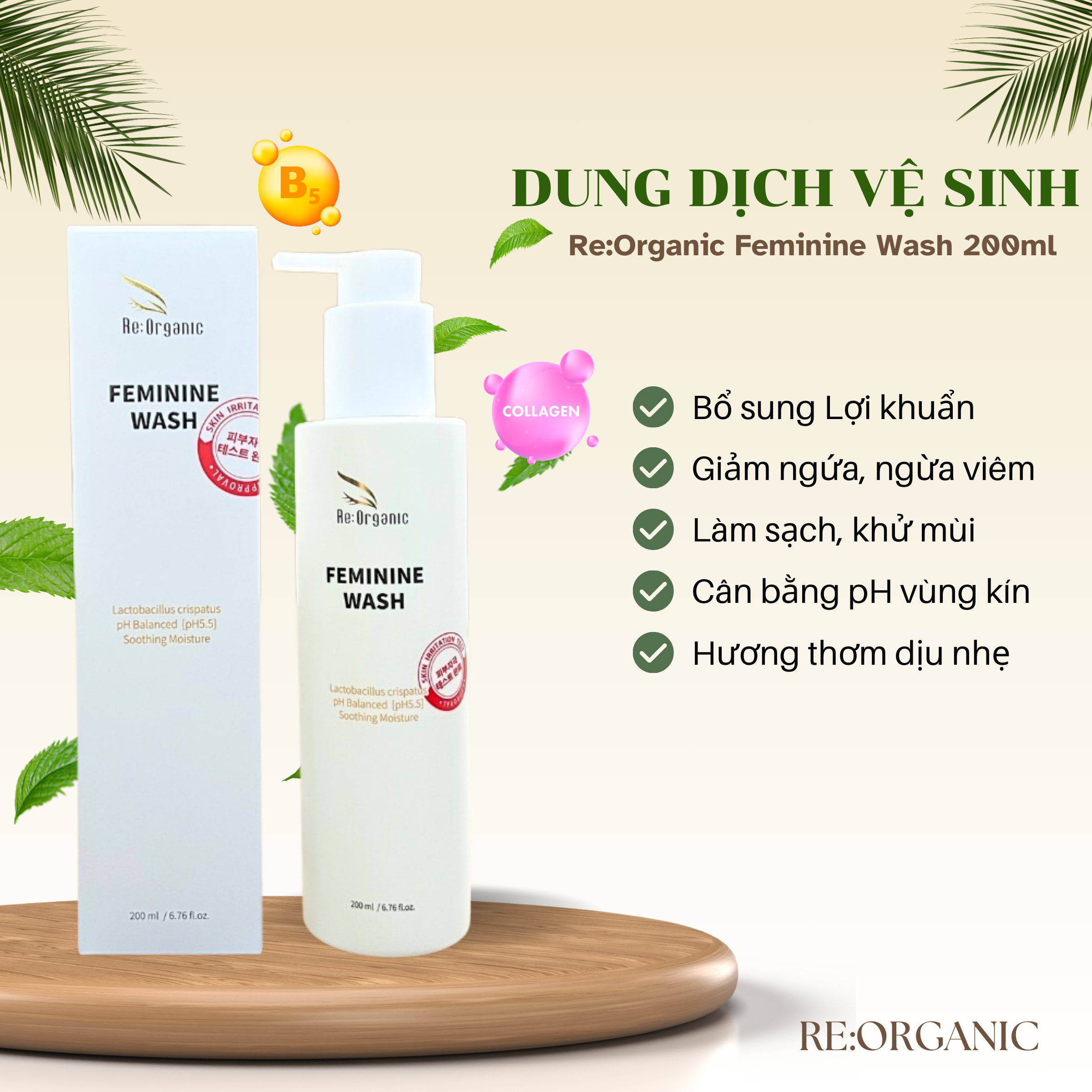 Dung dịch vệ sinh phụ nữ Re:Organic Feminine Wash 200ml Hàn Quốc, gel làm sạch, khử mùi hôi, cân bằng pH, vệ sinh phụ khoa dùng cho cả Nam và Nữ