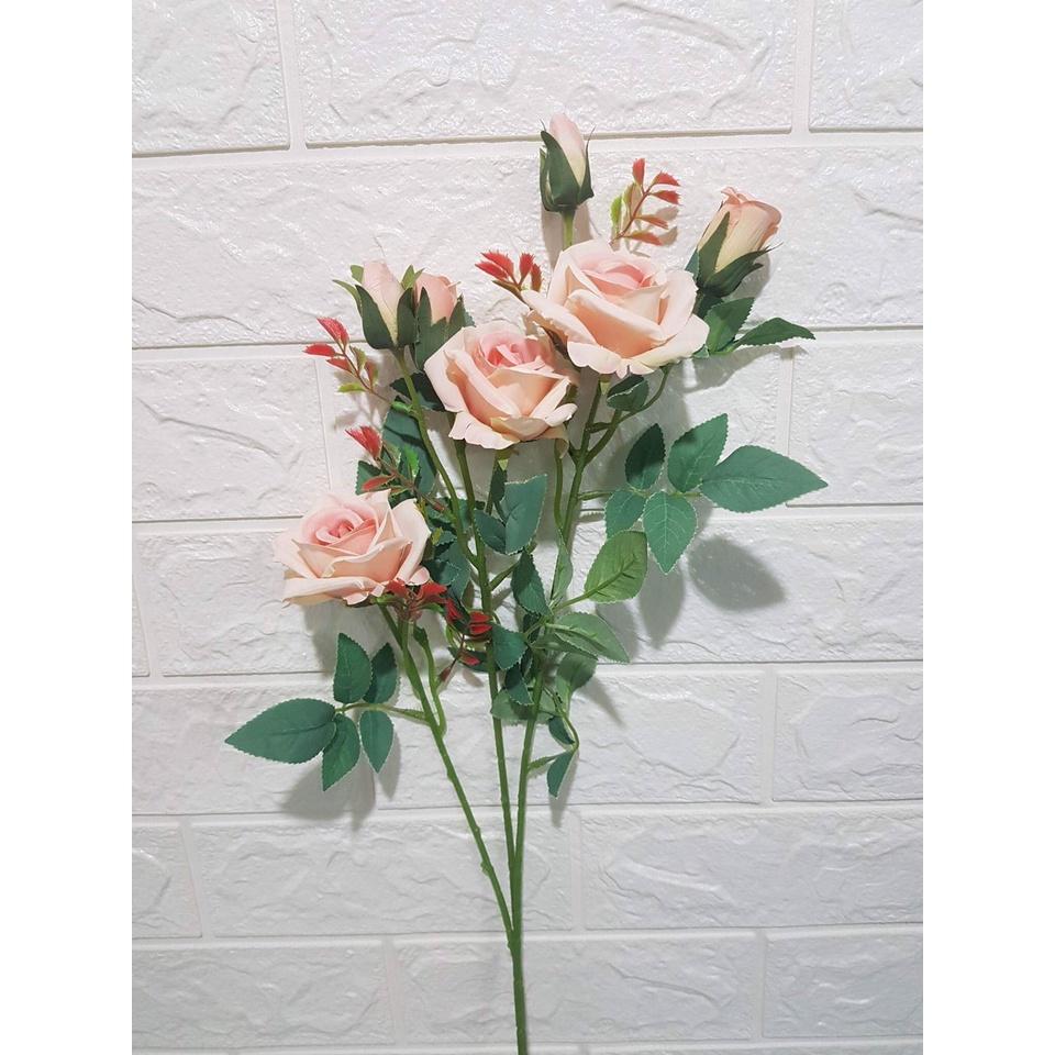 Cành hồng 3 bông,3 nụ hoa lụa hàng loại 1 chất đẹp, nhiều mầu KT dài 75cm.