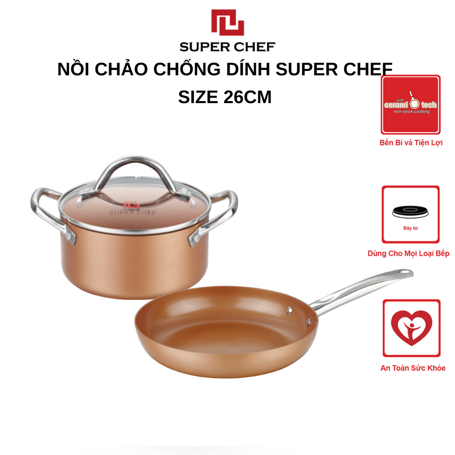 Combo Nồi Chảo Tròn Chống Dính Super Chef Đáy Từ Cao Cấp, An Toàn, Bền Bỉ Size NC26