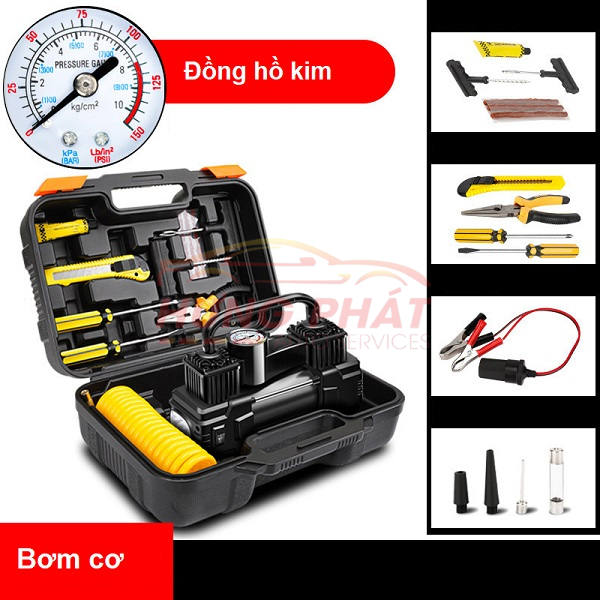 Bơm Lốp Ô Tô Xe Hơi 2 XiLanh Công Suất Cực Lớn Kèm Hộp Dụng Cụ