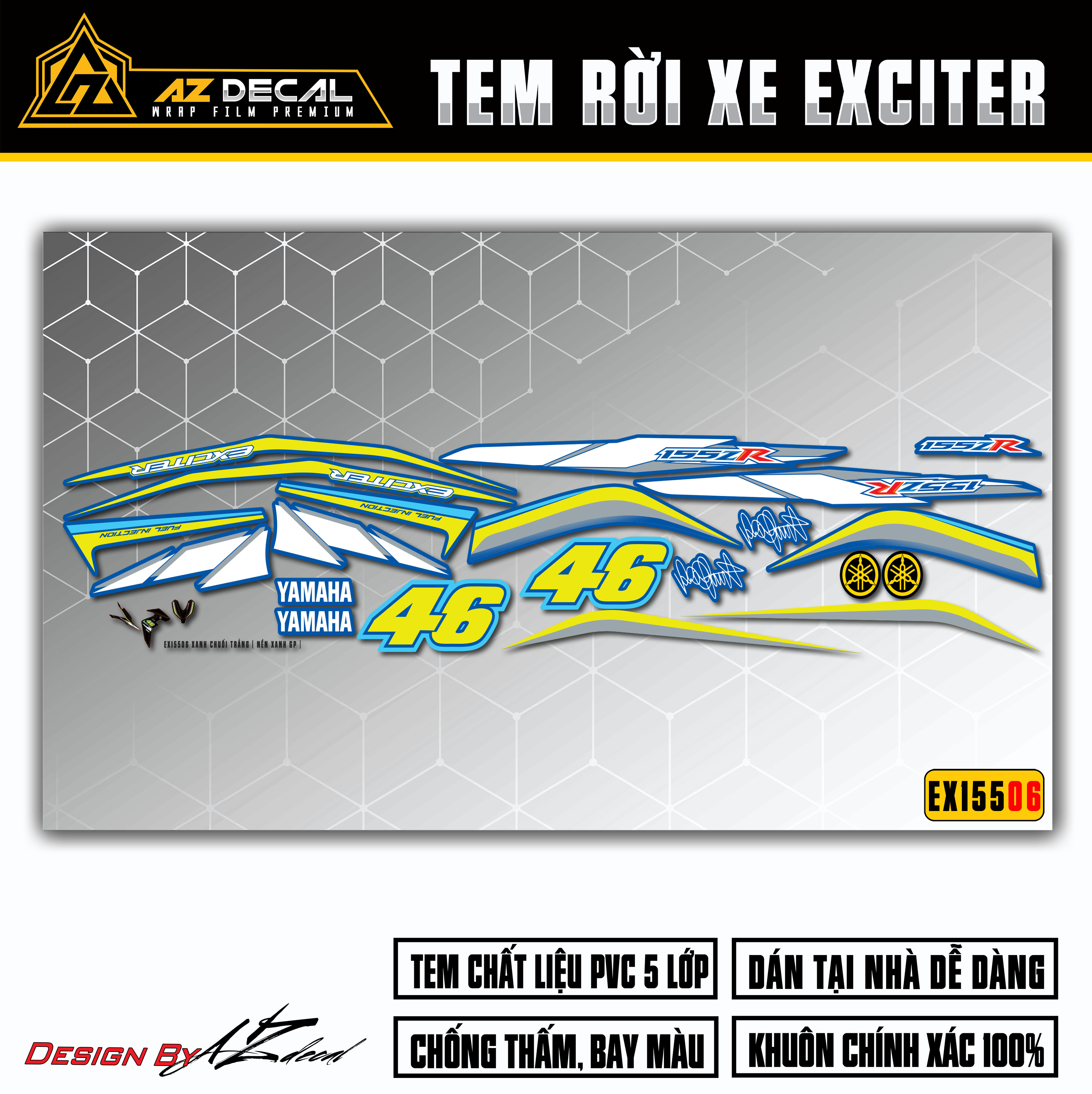 Tem Exciter 155 Mẫu ZR Logo 46 | EX15506 | Chất Liệu Chống Nước, Chống Bay Màu, Cắt Sẵn Khuôn Dùng Cho Xe EX155 Màu Đỏ, Đen, Trắng, Xanh