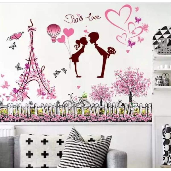 BỘ COMBO DECAL GHÉP ĐÔI TRANG TRÍ - Tháp Hồng tình nhân kết hợp chân tường Happy Tree