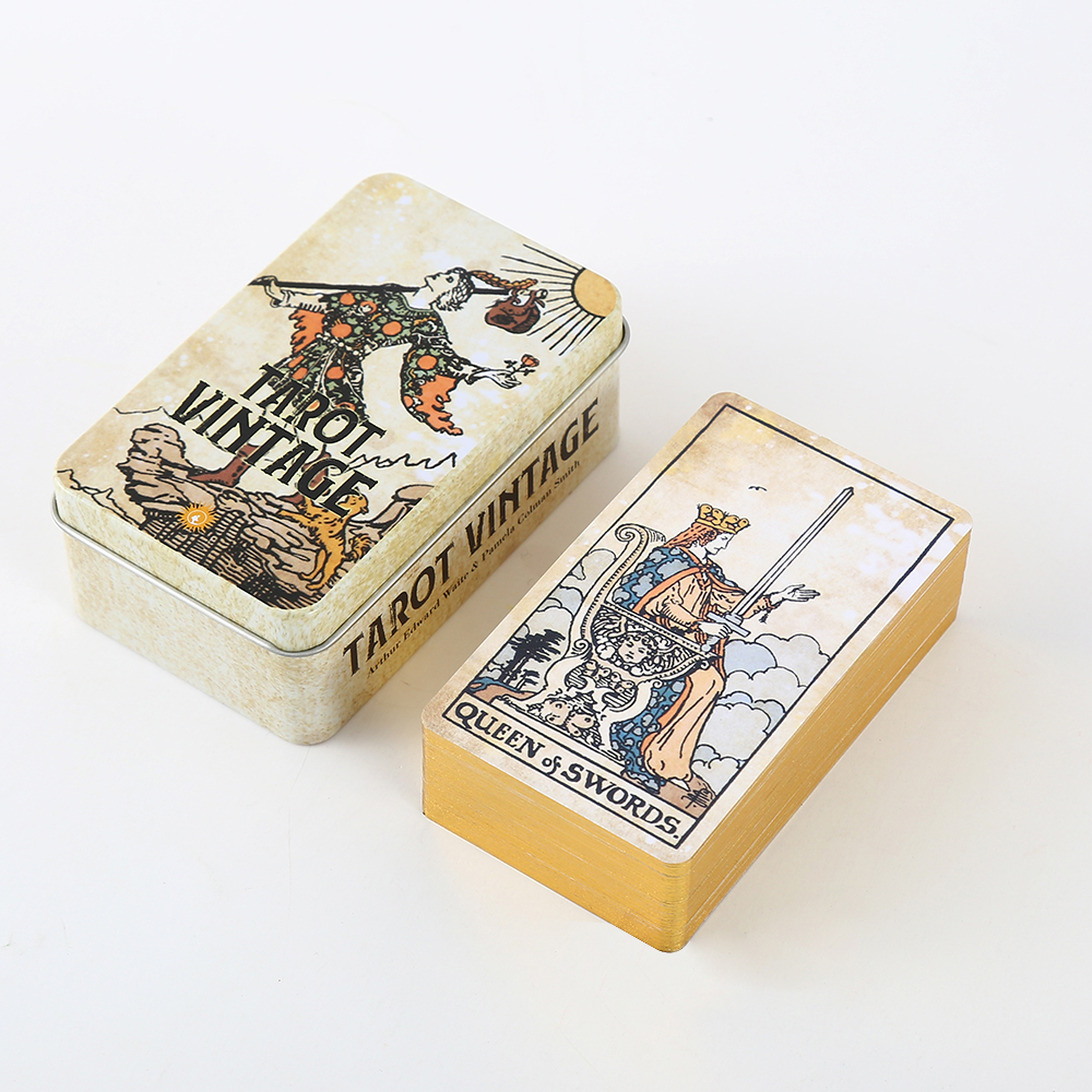 Bộ Bài Tarot Vintage Hộp Thiếc 78 Lá 98x58 Mm Tặng Đá Thanh Tẩy