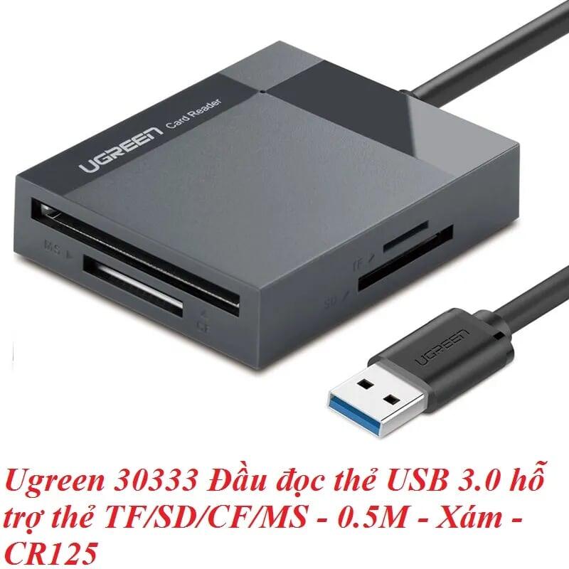 Ugreen UG30333CR125TK 0.5M Màu Xám Đầu đọc thẻ USB 3.0 hỗ trợ thẻ TF/SD/CF/MS - HÀNG CHÍNH HÃNG