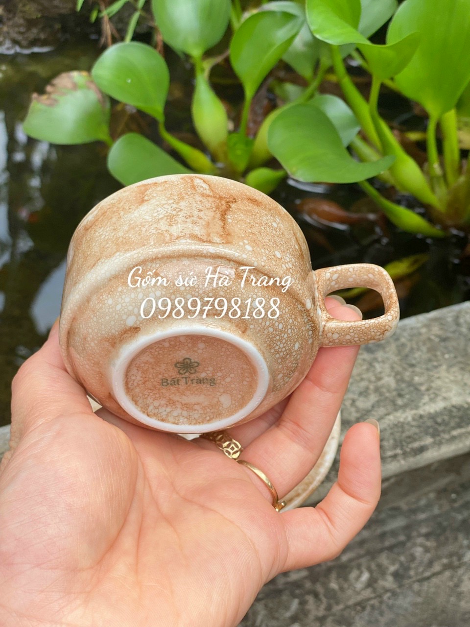Bộ cốc đĩa cafe gốm sứ Bát Tràng cao cấp men vân đá nâu dung tích 150ml