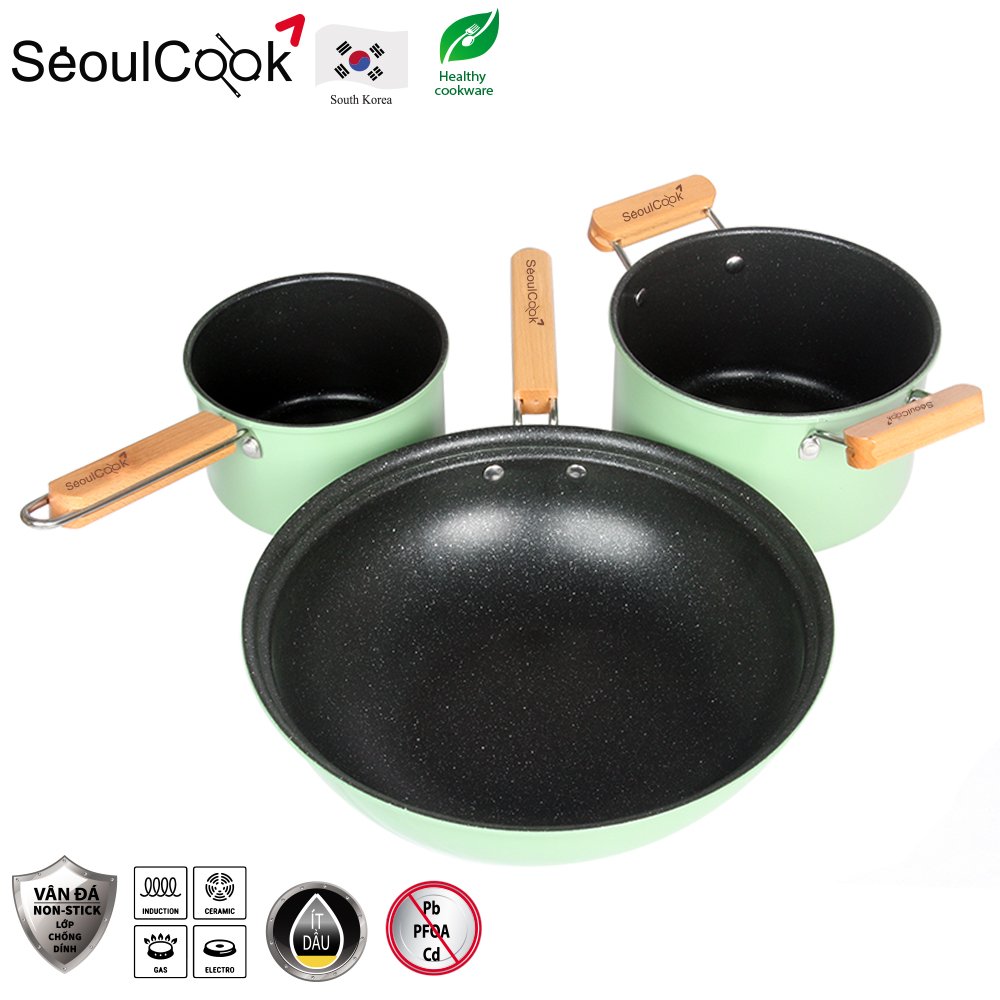 Bộ 3 món nồi chảo đáy từ cao cấp Hàn Quốc Seoulcook Luxury chống dính vân đá an toàn cho sức khỏe, dùng được tất cả các loại bếp/ Induction – Hàng chính hãng