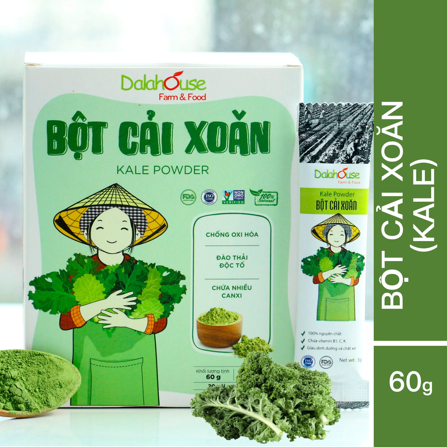 Bột cải xoăn kale Dalahouse 60gr - Nguyên chất sấy lạnh - Detox thanh lọc cơ thể - Đạt tiêu chuẩn Châu Âu