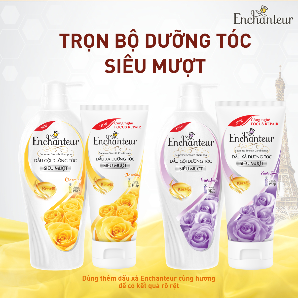 Dầu gội dưỡng tóc siêu mượt Enchanteur Charming/Sensation Keratin 650g