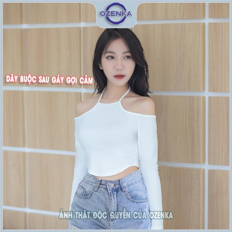 Áo croptop tay dài ôm hở vai vạt yếm nữ OZENKA , crt body kiểu buộc dây thun gân 100% cotton mềm mịn mát gợi cảm