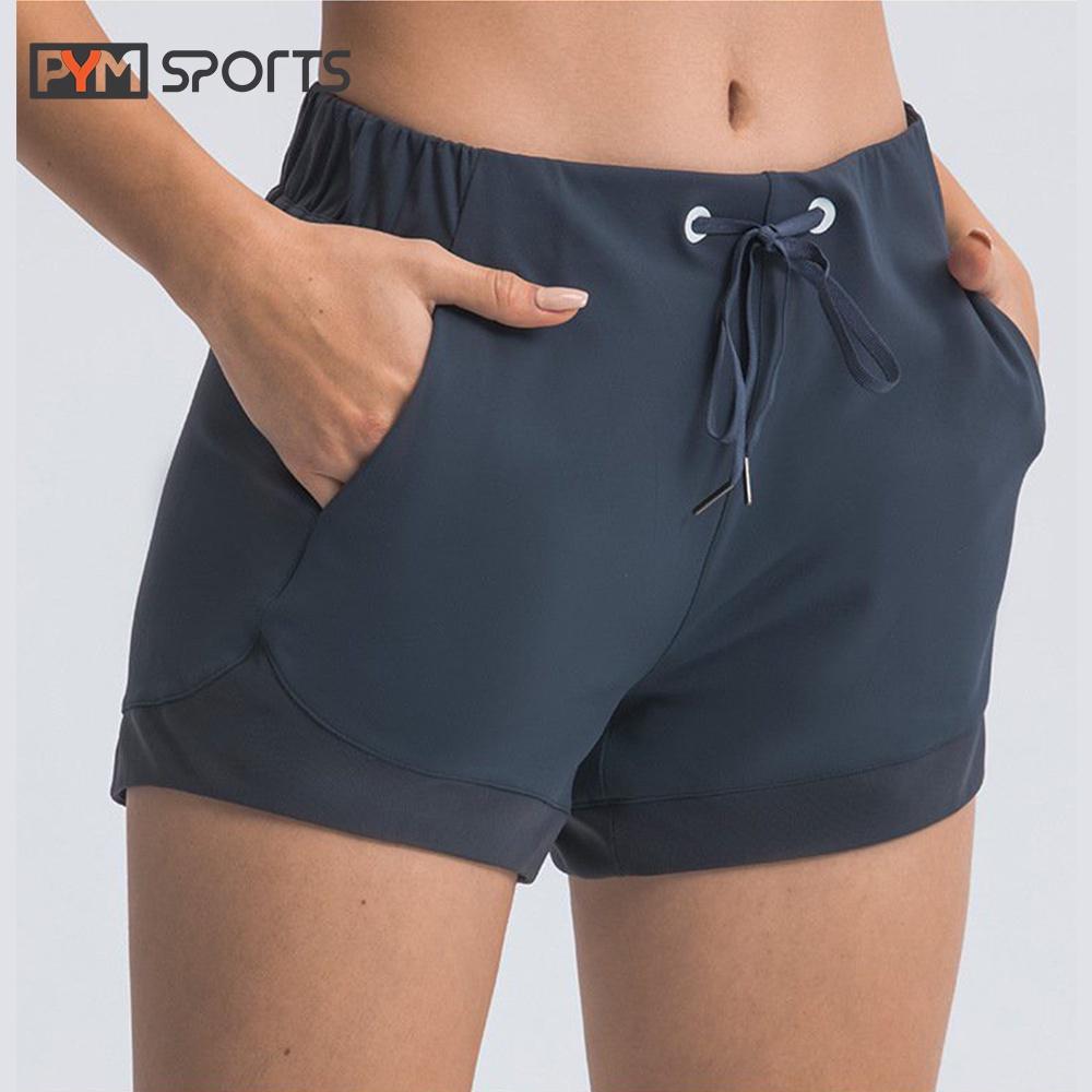 Quần short ngắn tập Yoga - Gym PYMSPORT - PYMQT011, 1 lớp,màu trơn cạp chun có dây rút - 4 màu đen, tím, xanh, ghi đen