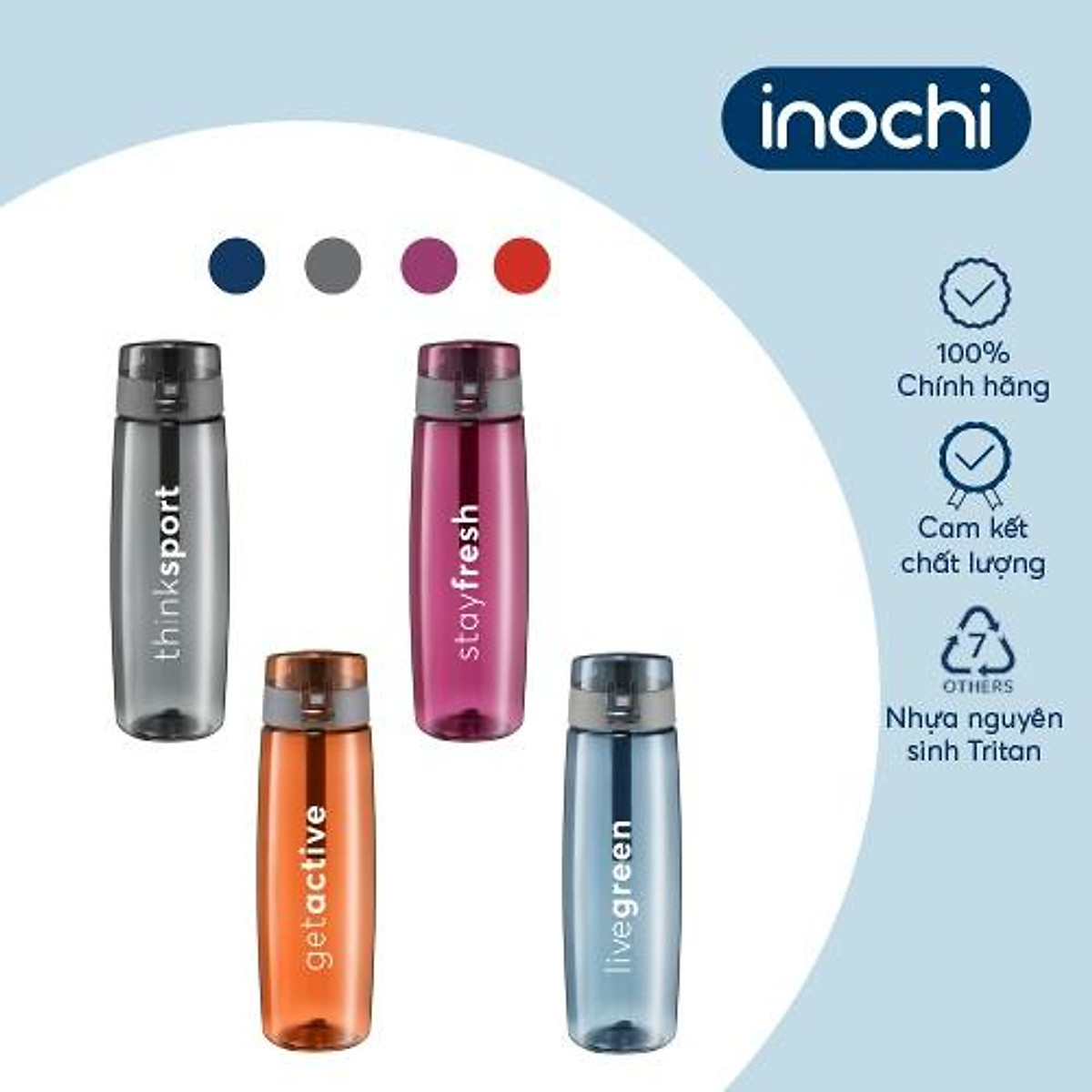 Bình nước thể thao Inochi - Kita Active 500ml - 700ml màu Xanh/Cam/Hồng/Ghi