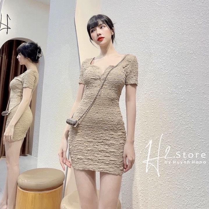 Đầm Body Mini Cổ U Tay Ngắn, Dáng Ôm Ngắn Cổ Cài Cúc Chất Xốp Siêu Mềm D064