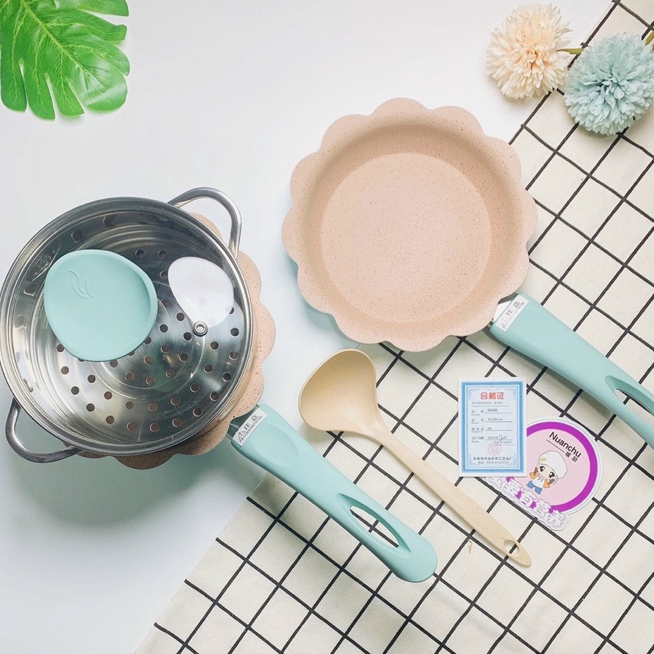 Bộ nồi và chảo cao cấp bằng đá hoa cương thiết kế chống dính an toàn chuyên dùng nấu bột, đồ ăn dặm các loại cho trẻ em