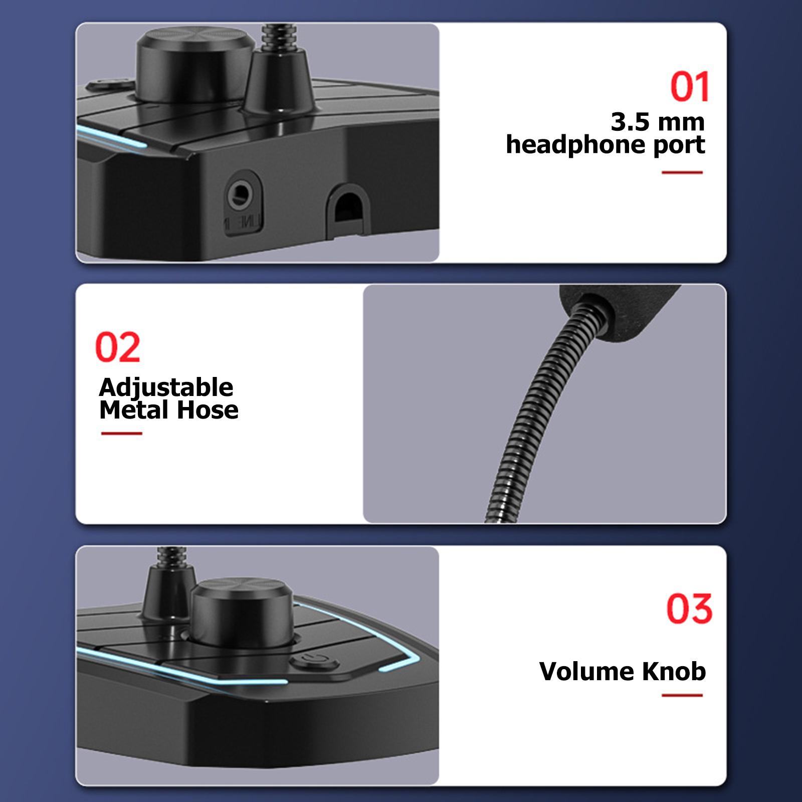 USB Desk Microphone Plug & Play 360 Degree Omnidirectional Microphone with Built-in LED Light Desktop Condenser Mic