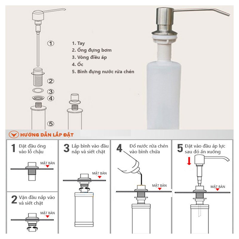 Bình đựng nước rửa chén gắn chậu rửa đầu vòi xịt Inox 304 Cao cấp - Dung tích 330ml