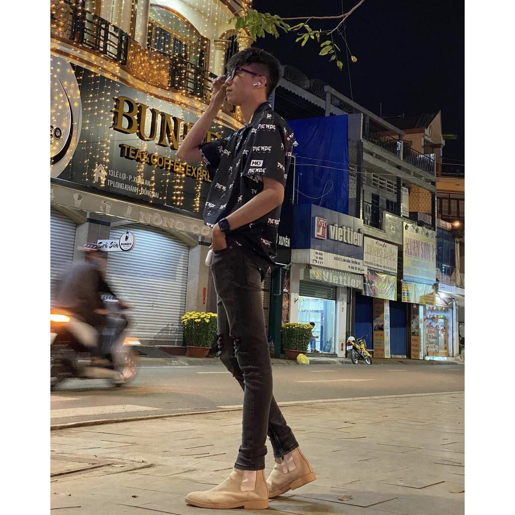 Sơ mi Họa Tiết Chữ MENDE Tay Ngắn Cổ Vest Thời Trang Unisex Vải Lụa Chéo