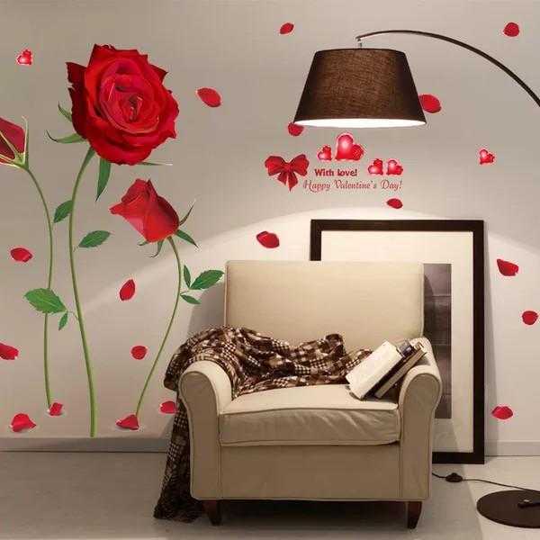 Decal trang trí tường 3 Cành Hoa Hồng Đỏ Chữ Trái tim