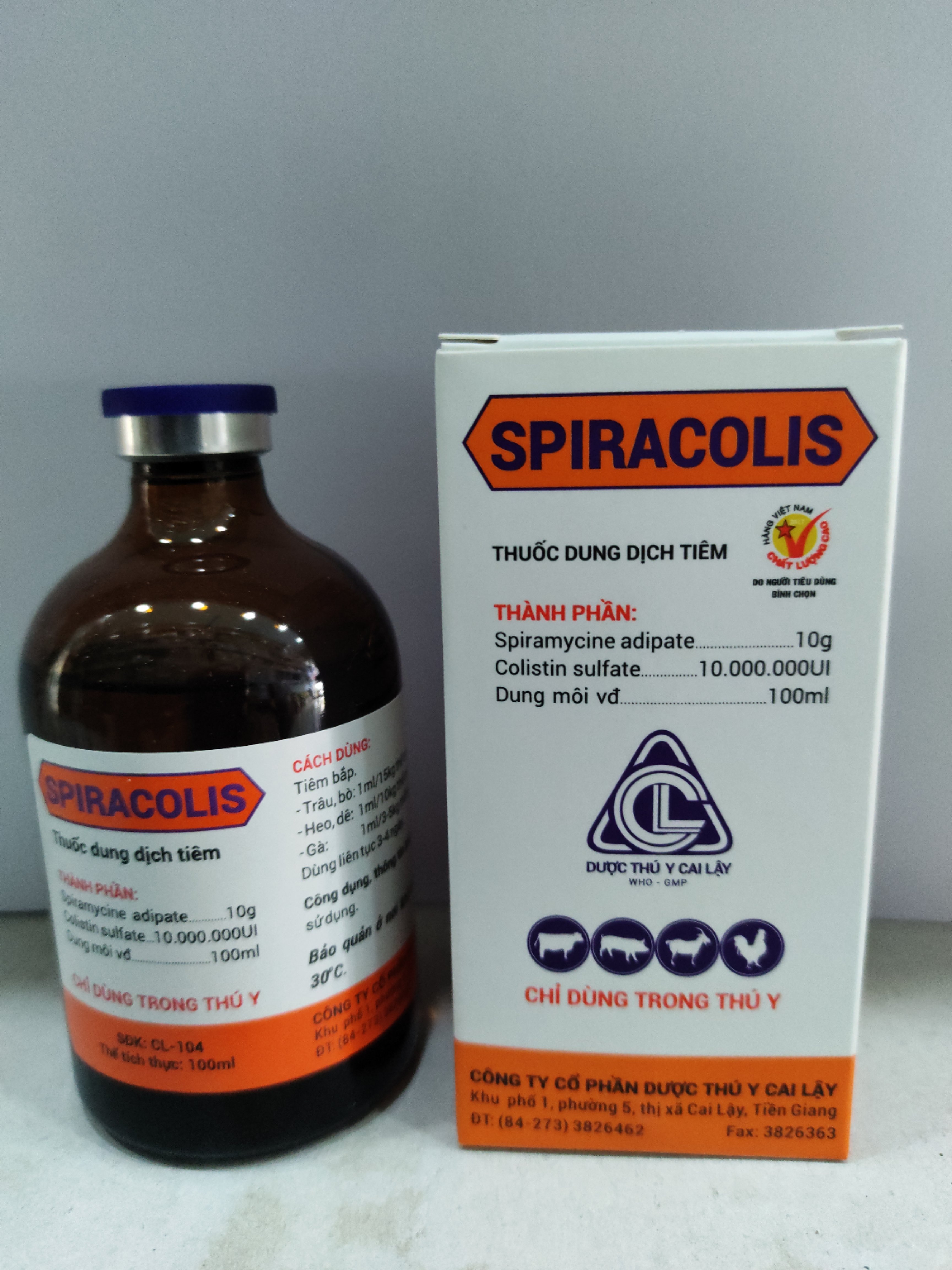 Thuốc dung dịch tiêm SPIRACOLIS trị các bệnh tiêu chảy phân trắng, xanh,vàng do nhiễm trùng đường ruột,thương hàn phó thương hàn...