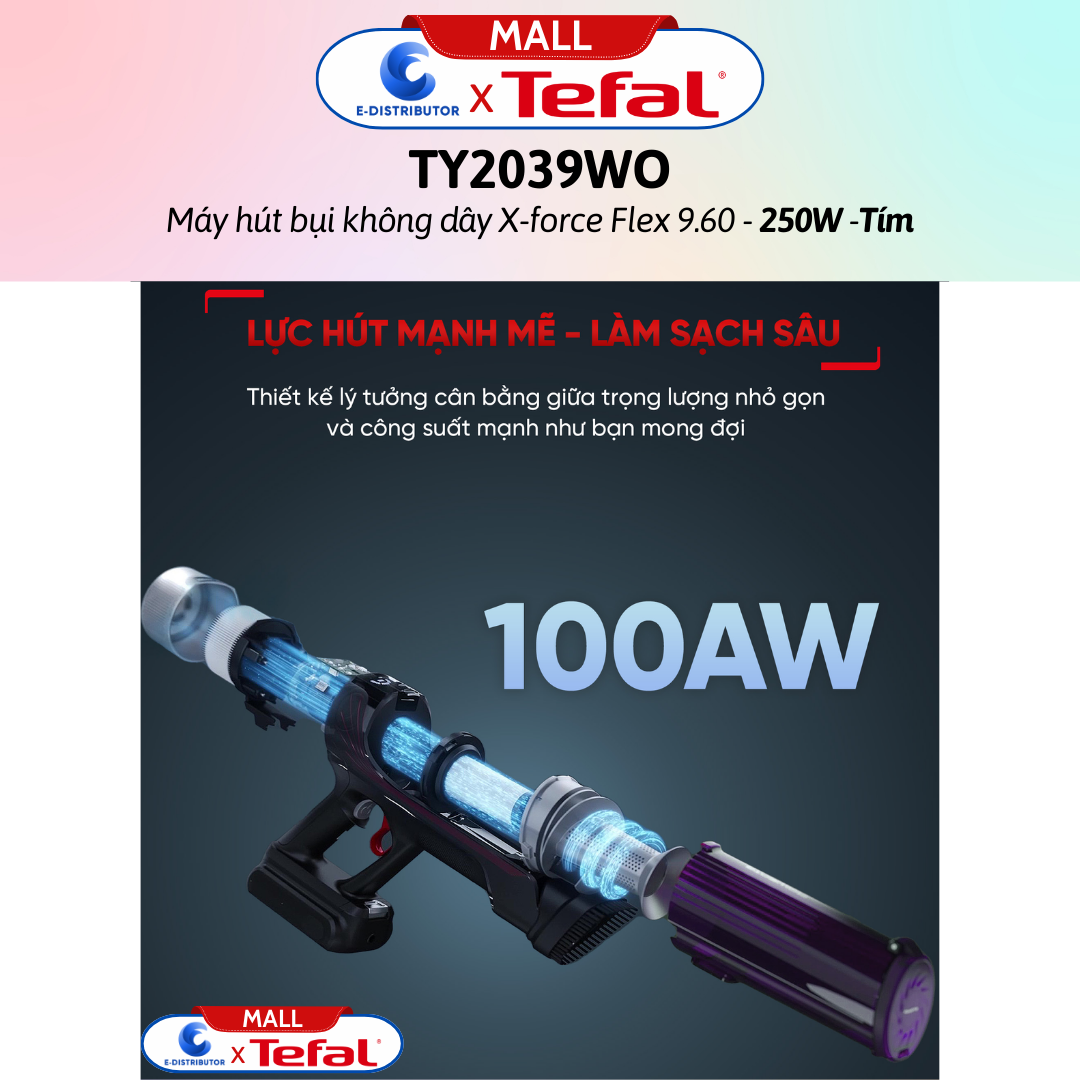 Máy hút bụi không dây X-force Flex 9.60 TY2039WO - Tím - Hàng Chính Hãng - - Công suất: 250W - Đầu hút: 100AW - Thời lượng pin: 45 phút
