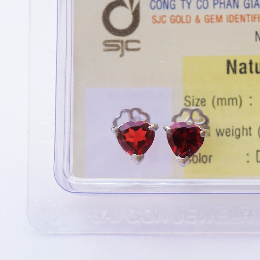 Bông tai đá Garnet thiên nhiên đỏ tự nhiên 5mm chuôi bạc trái tim kiểm định