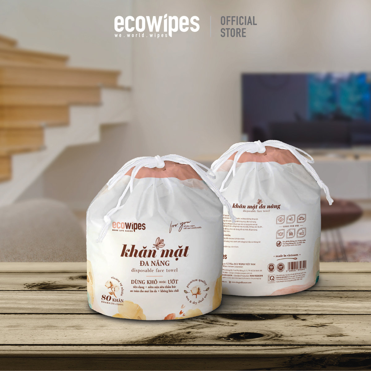 Combo 03 túi khăn mặt khô đa năng Ecowipes cuộn 80 tờ size khăn 20x20cm dùng 1 lần lau khô lau ướt giấy lau mặt dùng một lần