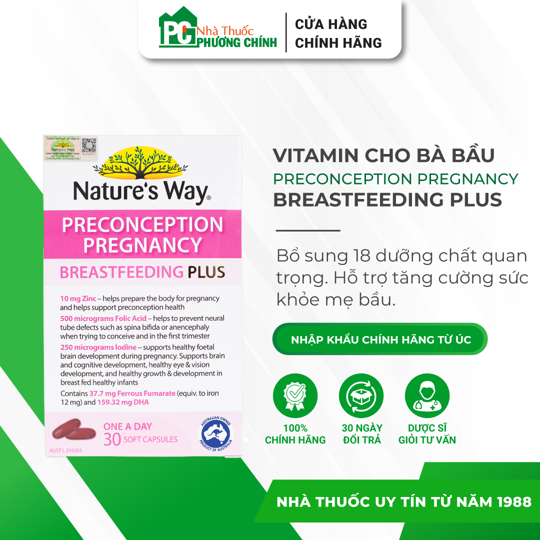 Vitamin Bầu Nature's Way PreConception Pregnancy Breastfeeding Plus - Bổ Sung Vitamin Tổng Hợp Cho Bà Bầu (Hộp 30 Viên)