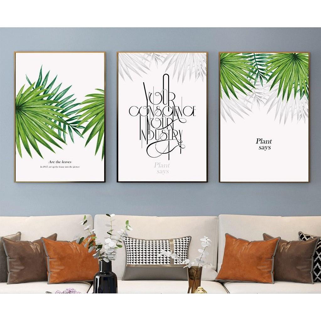 Bộ 3 Tranh KIM TUYẾN kèm khung gỗ Canvas Treo Tường Phòng khách/ngủ Tropical cây hoa hồng lá nhiệt đớ