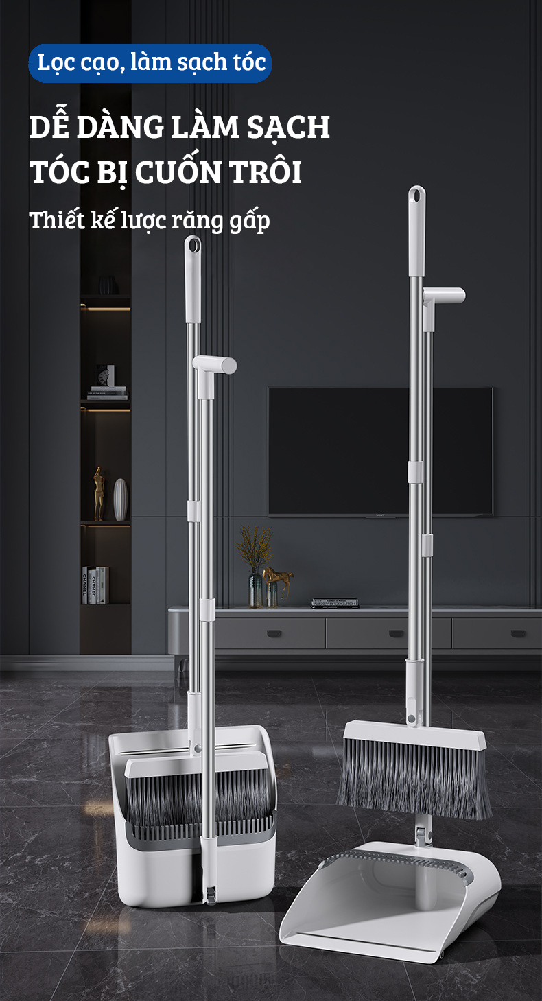 Bộ Hốt Rác Gia Đình Gấp Gọn Kèm Chổi Quét Rác Cao Cấp DAMAS TS2 - Lông chổi mềm mại không bám dính tóc - Hốt rác gấp gọn giúp tiết kiệm không gian