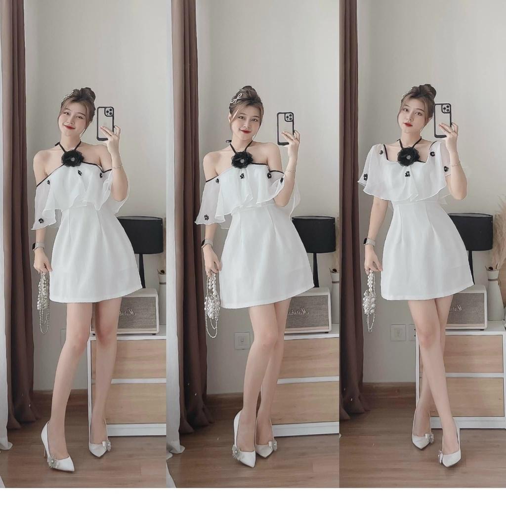 Đầm xoè viền phối bèo cổ cột nơ đính hoa
