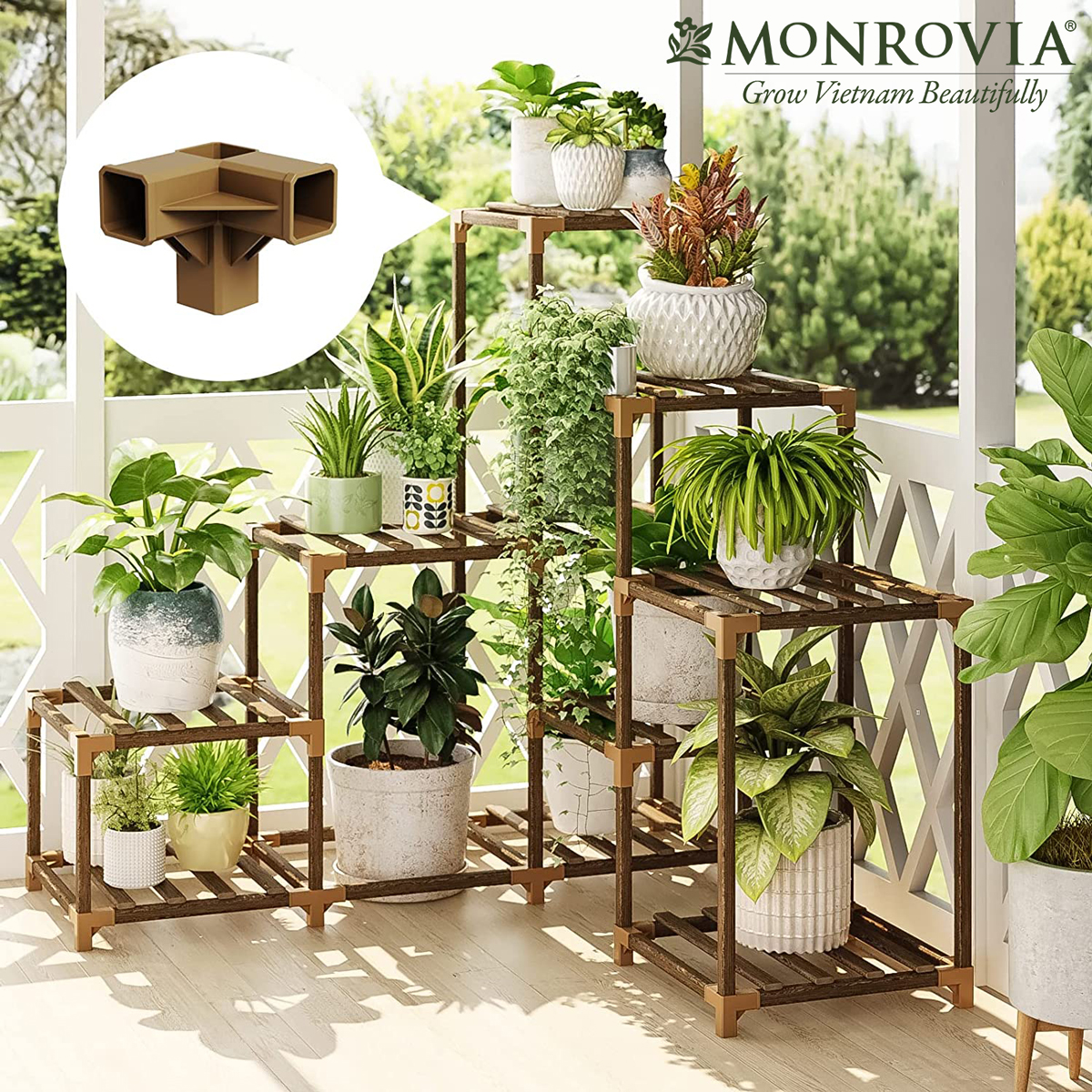 Kệ gỗ decor Monrovia để cây trang trí trong nhà, ban công siêu bền bỉ, tiêu chuẩn Châu Âu