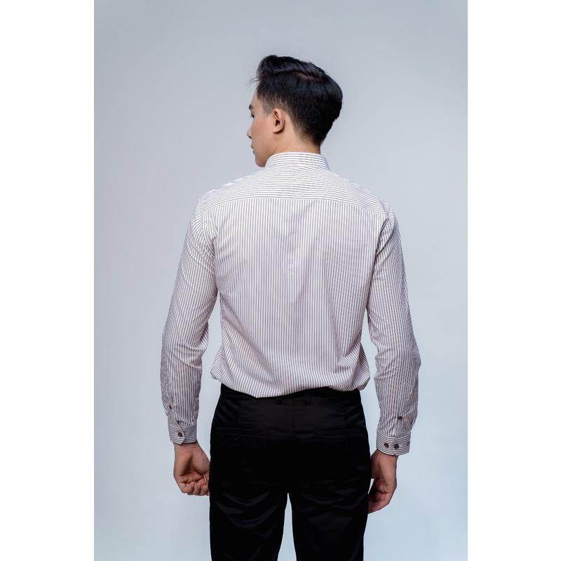 OWEN - Áo sơ mi dài tay Owen Slimfit chất sợi tre màu trắng kẻ sọc nâu 61013