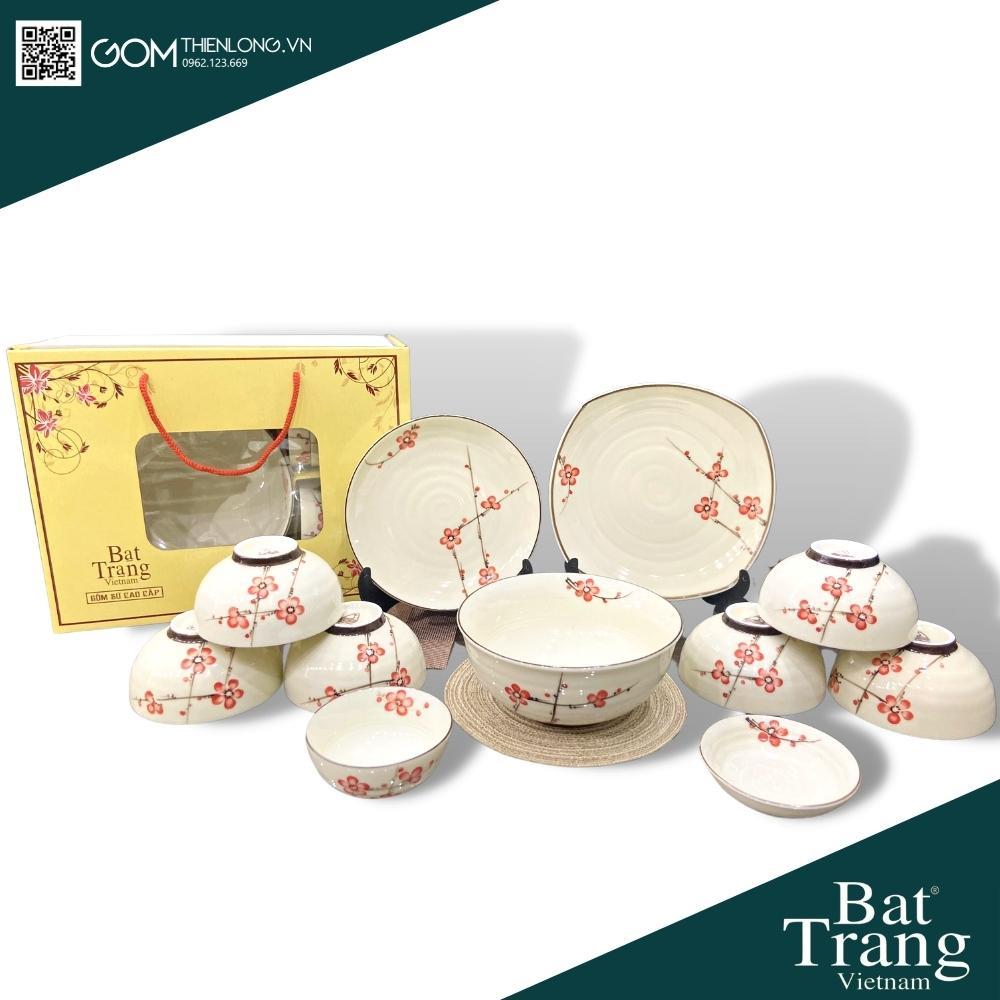 Bát Đĩa Quà Tặng Cao Cấp Vẽ Đào Đỏ - Bộ Bát Đĩa Bát Tràng - Gốm Thiên Long
