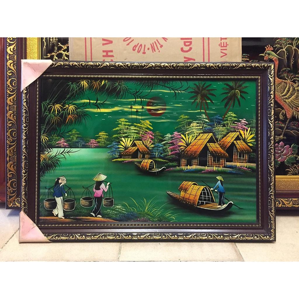 Tranh sơn mài cao cấp Đồng Quê Thanh Bình Lê kèm khung size 48x68 cm treo tường, trang trí nhà cửa, văn phòng, quà tặng