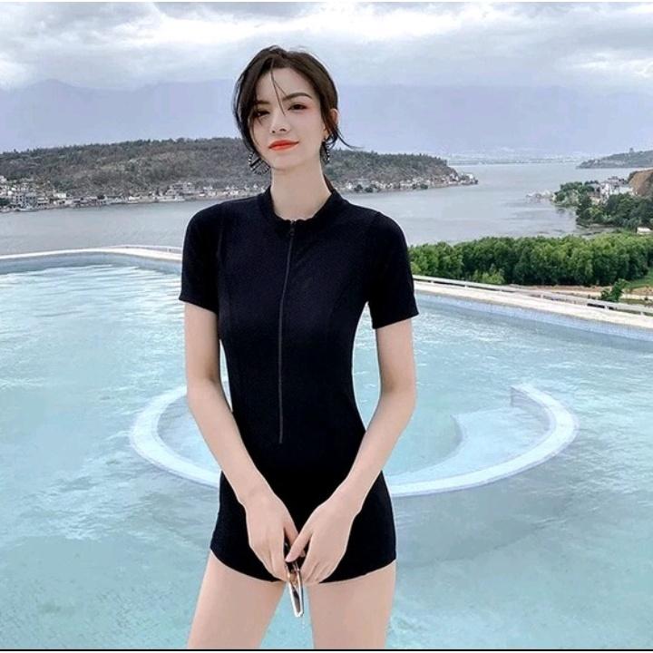 Đồ bơi nữ bikini đi biển có tay khóa kéo màu đen form shost sành điệu kín đáo | LM015