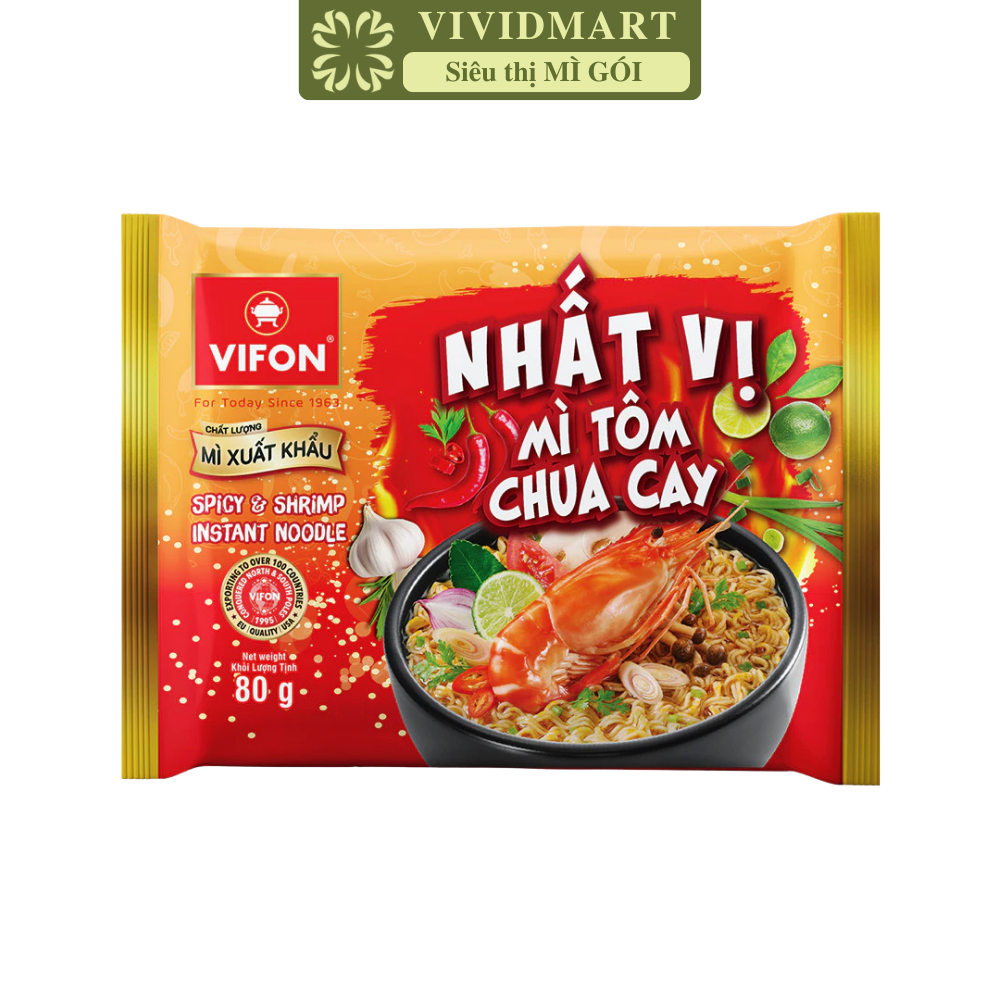 VIFON - Mì Nhất Vị hương vị Tôm chua cay, Mì tôm chua cay Nhất Vị ăn liền, Mì Vifon tôm chua cay (60g/gói)