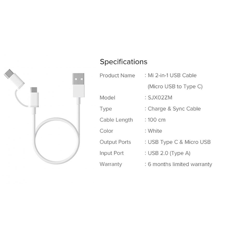 Dây sạc Xiaomi 2 trong 1 Micro Usb và type C 1m SJX02ZM  tích hợp 2 đầu sạc khác nhau - Hàng nhập khẩu