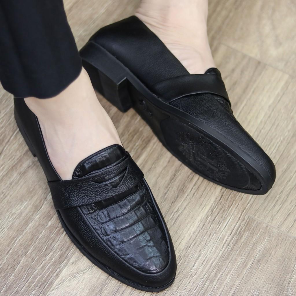 Giày Lười Nam X091 Màu Đen Lì, Vân Cá Sấu