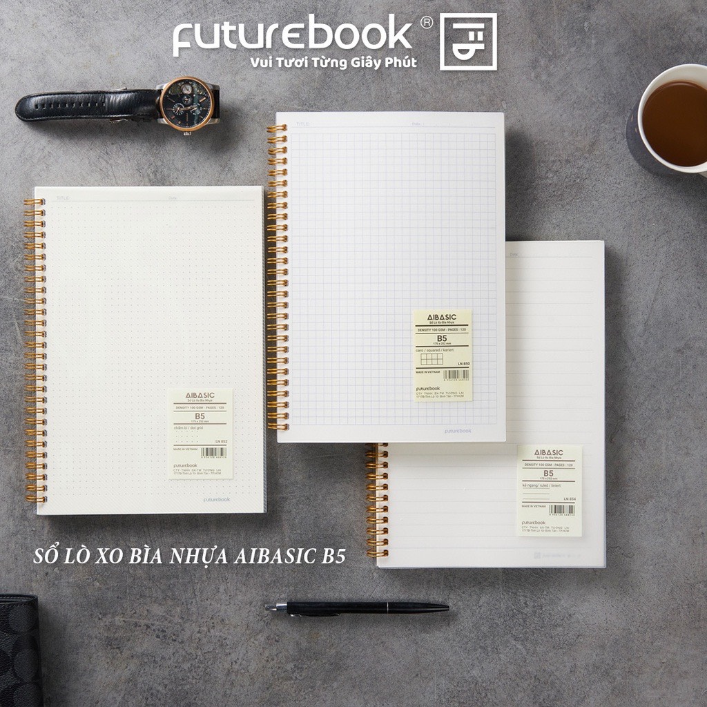 FUTUREBOOK - Sổ Lò Xo Bìa Nhựa Aibasic B5 - 120Trang- Định Lượng 100GSm -Dòng Kẻ Ngang_Caro