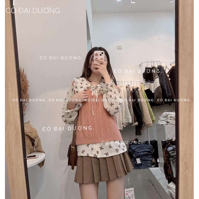 Set áo gile trơn kèm sm hoa nhí cổ nơ