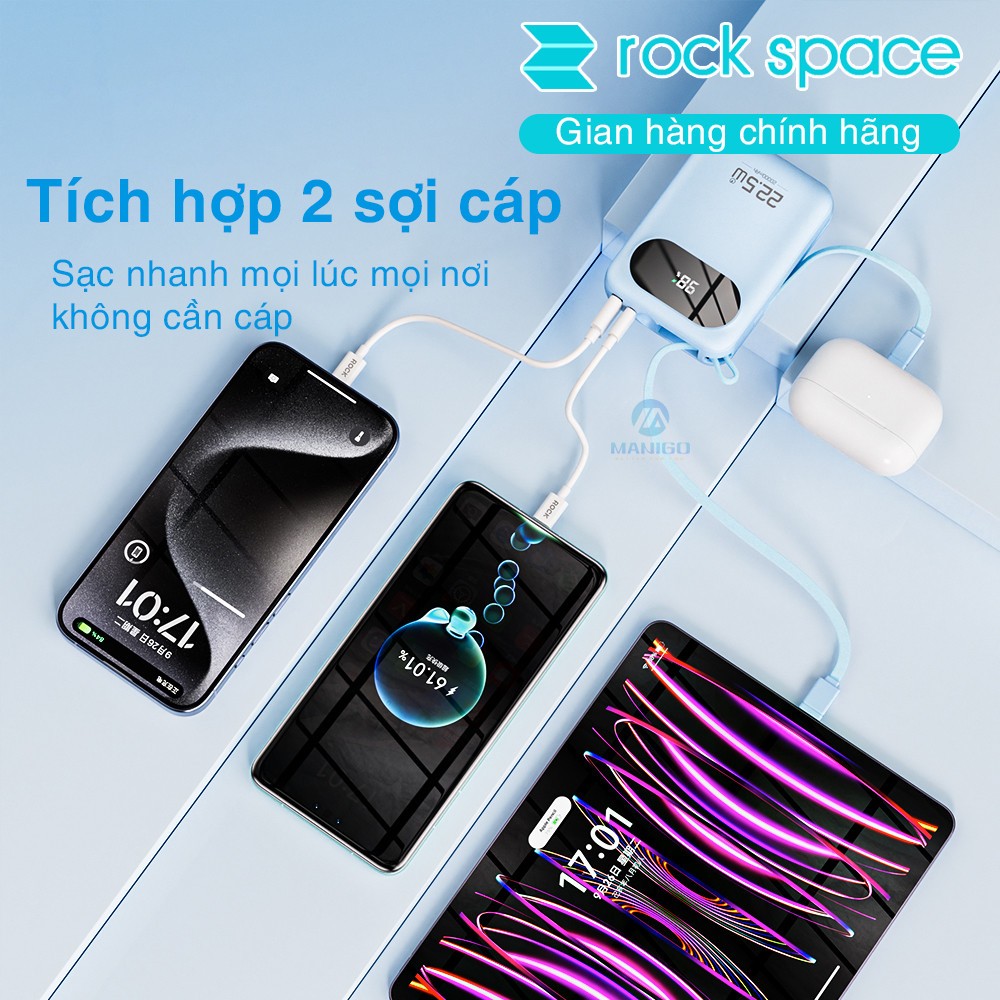 Pin sạc dự phòng Rockspace Y11 sạc nhanh 22.5w dung lượng 20000mAh có tích hợp kèm dây sạc - Hàng chính hãng bảo hành 12 tháng