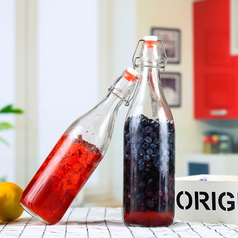 Chai Thuỷ Tinh Tròn Đựng Mật Ong, Rượu, Detox, Đồ Uống 500ml ~ 1000ml Nắp Cài Kín Hơi