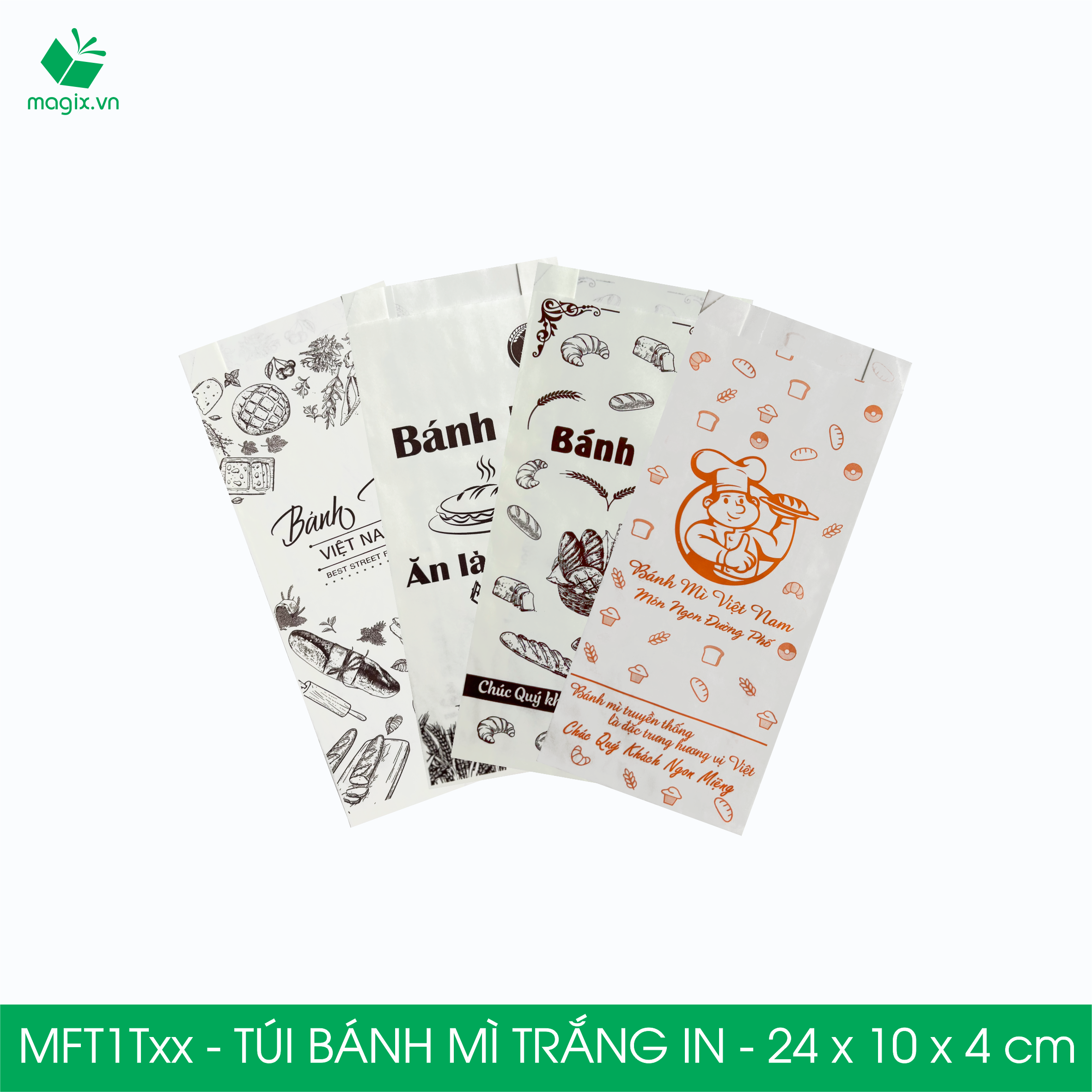 Combo 100 Túi bánh mì Trắng 24x10x4 cm - In sẵn họa tiết nhiều mẫu - Bao bánh mì Túi giấy thực phẩm an toàn