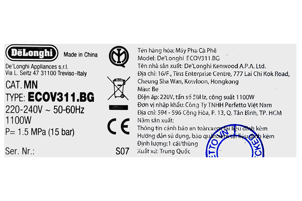 Máy pha cafe Delonghi ECOV311 - công suất 1100W - 15 bar - Dung tích bình chứa 1.4 lít - Hàng chính hãng