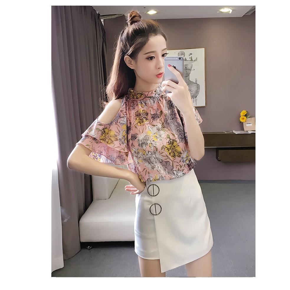 Áo sơ mi voan nữ ngắn tay họa tiết hoa nhí