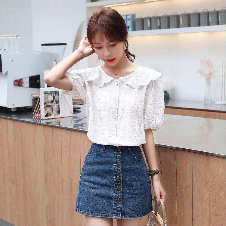 Áo Kiểu Sơ Mi Nữ Hàn Quốc Cổ Tròn Bèo Tay Phồng Công Sở Thời Trang Đẹp
