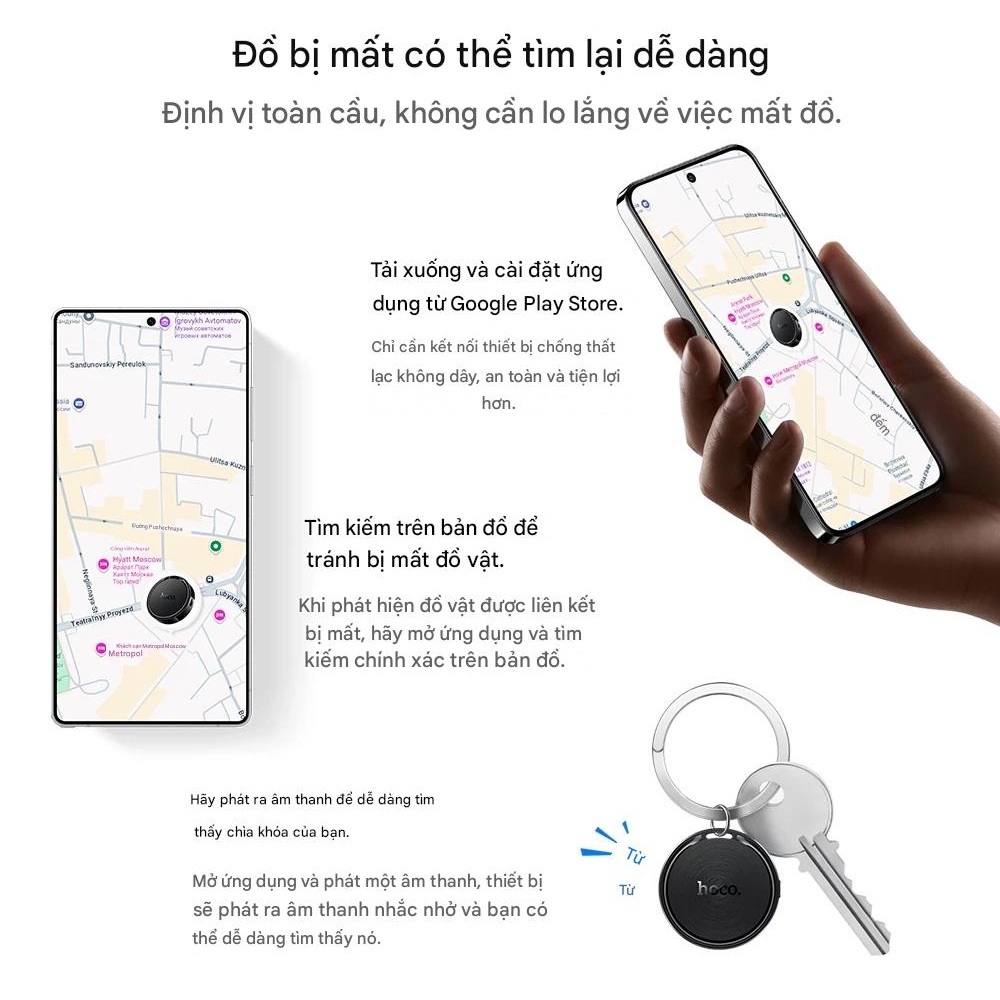 Thiết bị định vị thông minh không dây HOCO E96A Busca dành cho Android Hỗ trợ Google Find My Network chống thất lạc chìa khóa, ví tiền, xe, hành lý - Hàng chính hãng