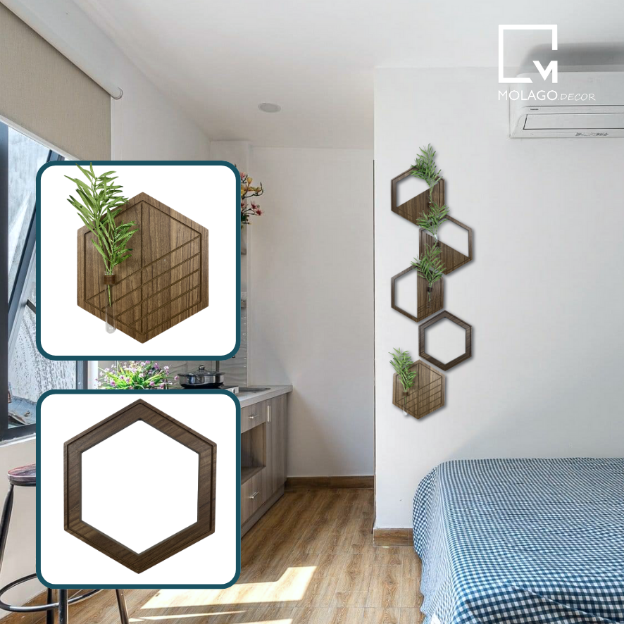 Bộ lục giác gỗ treo tường đồ trang trí phòng lục giác vân gỗ đậm decor treo tường gỗ trang trí Molago - LA-N